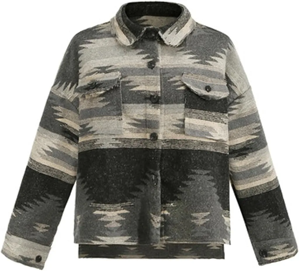 Women's Vintage Aztec Print Pattern Loose Shacket Button Down Long Sleeve Woolen Jacket Shirts Coat
