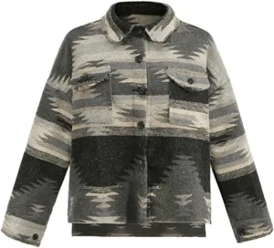 Women's Vintage Aztec Print Pattern Loose Shacket Button Down Long Sleeve Woolen Jacket Shirts Coat