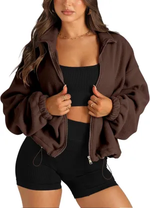 Womens Warm Cropped Fleece Jacket Zip up Long Sleeve Soft Sherpa Short Coat