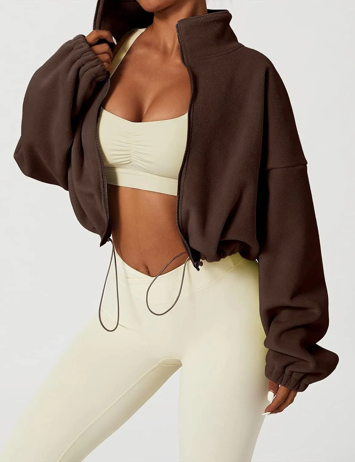 Womens Warm Cropped Fleece Jacket Zip up Long Sleeve Soft Sherpa Short Coat