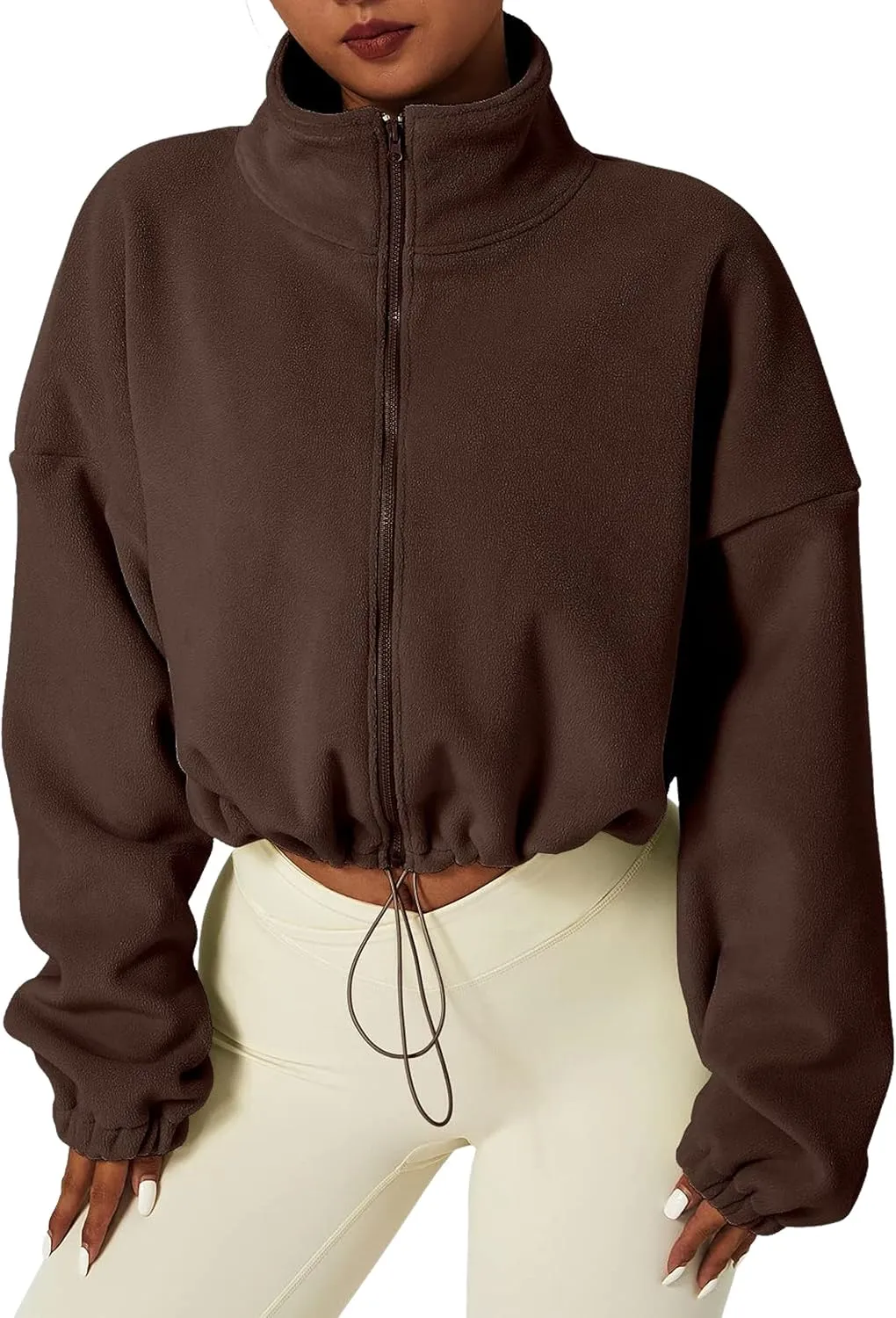 Womens Warm Cropped Fleece Jacket Zip up Long Sleeve Soft Sherpa Short Coat