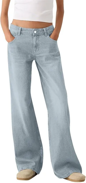 Womens Wide Leg Flare Jeans Fashion Washed High Waisted Denim Bottom Pants Daily Work Office Casual Bell Bottom Jeans