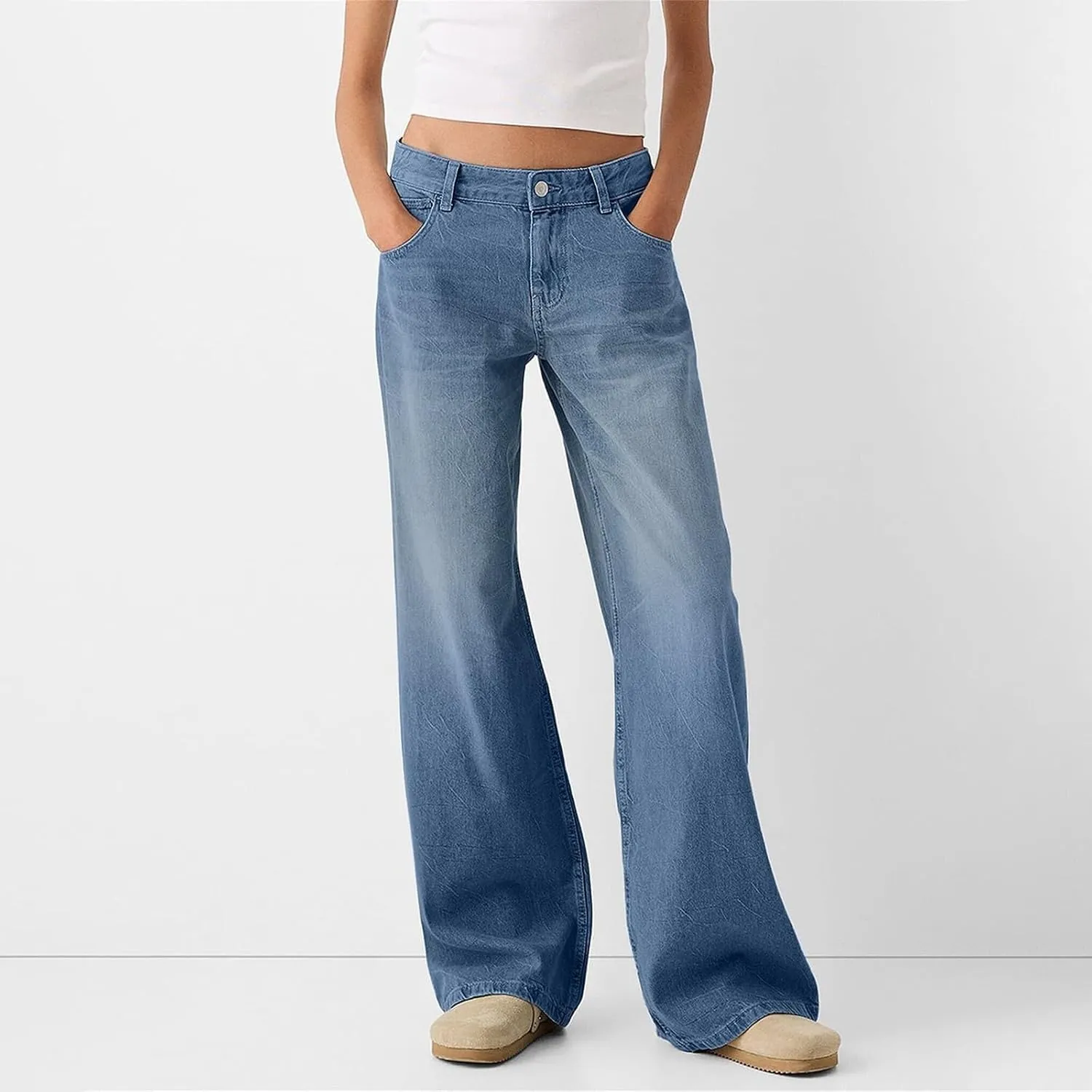 Womens Wide Leg Flare Jeans Fashion Washed High Waisted Denim Bottom Pants Daily Work Office Casual Bell Bottom Jeans