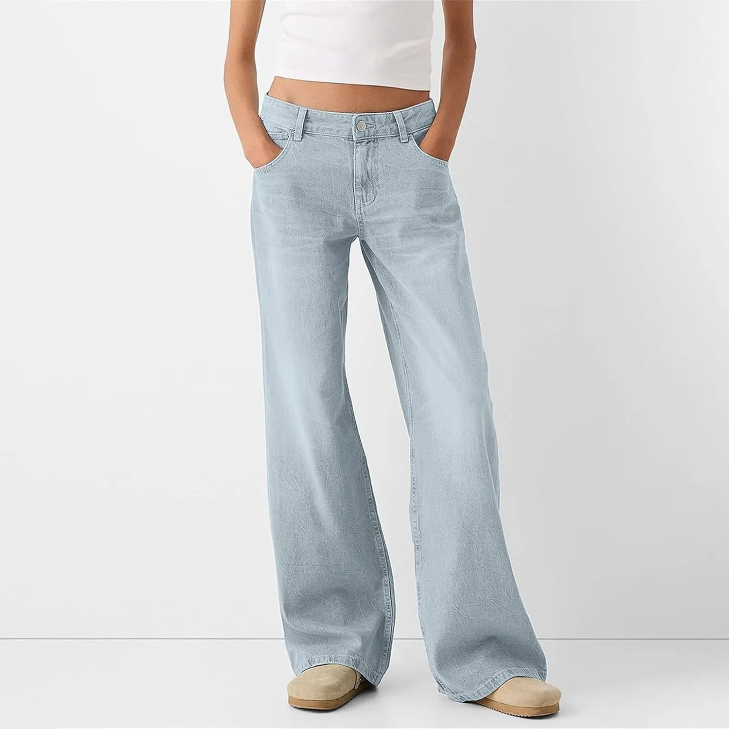 Womens Wide Leg Flare Jeans Fashion Washed High Waisted Denim Bottom Pants Daily Work Office Casual Bell Bottom Jeans