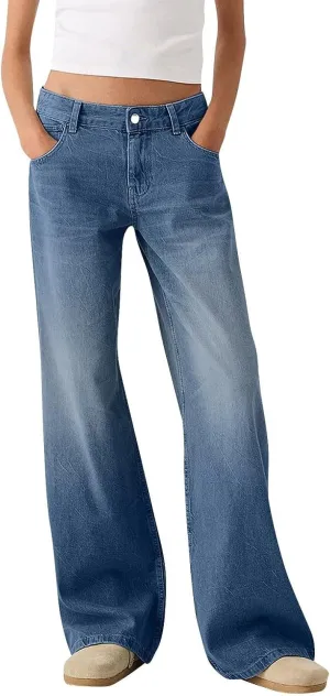 Womens Wide Leg Flare Jeans Fashion Washed High Waisted Denim Bottom Pants Daily Work Office Casual Bell Bottom Jeans