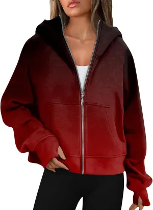 Womens Zip Up Hoodies Oversized Cropped Sweatshirts Fleece Jackets Fall Casual Comfy Gym Tops Winter Warm Clothes 2024