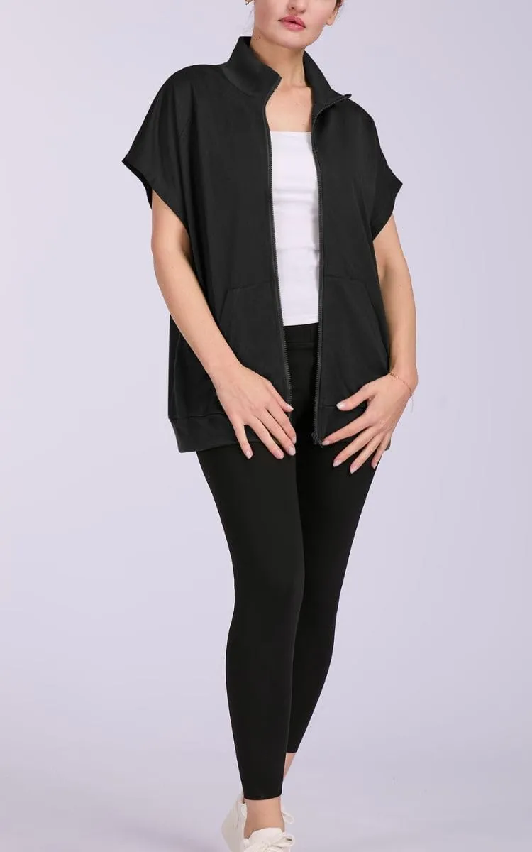Women's Zip Up Sweatshirts Short Sleeve Lapel Oversized Summer Casual Loose Solid Sweatshirt Jacket with Pockets