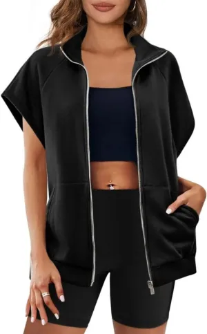 Women's Zip Up Sweatshirts Short Sleeve Lapel Oversized Summer Casual Loose Solid Sweatshirt Jacket with Pockets