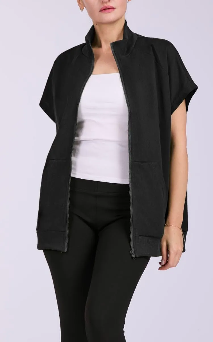 Women's Zip Up Sweatshirts Short Sleeve Lapel Oversized Summer Casual Loose Solid Sweatshirt Jacket with Pockets