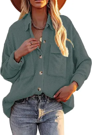 YMING Womens Casual Corduroy Button Down Shacket Long Sleeve Shirt Jacket Oversized Blouses Tops