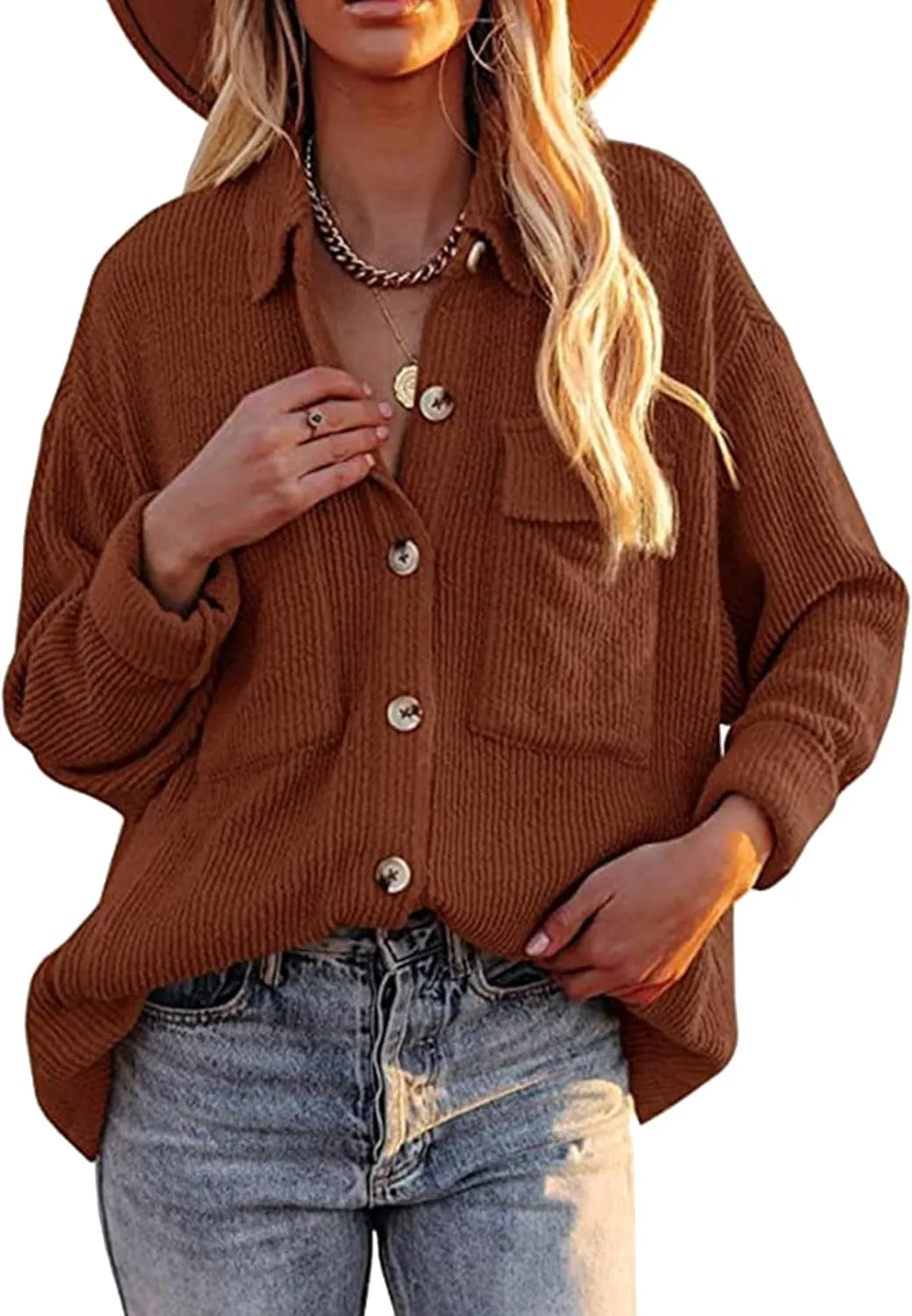 YMING Womens Casual Corduroy Button Down Shacket Long Sleeve Shirt Jacket Oversized Blouses Tops