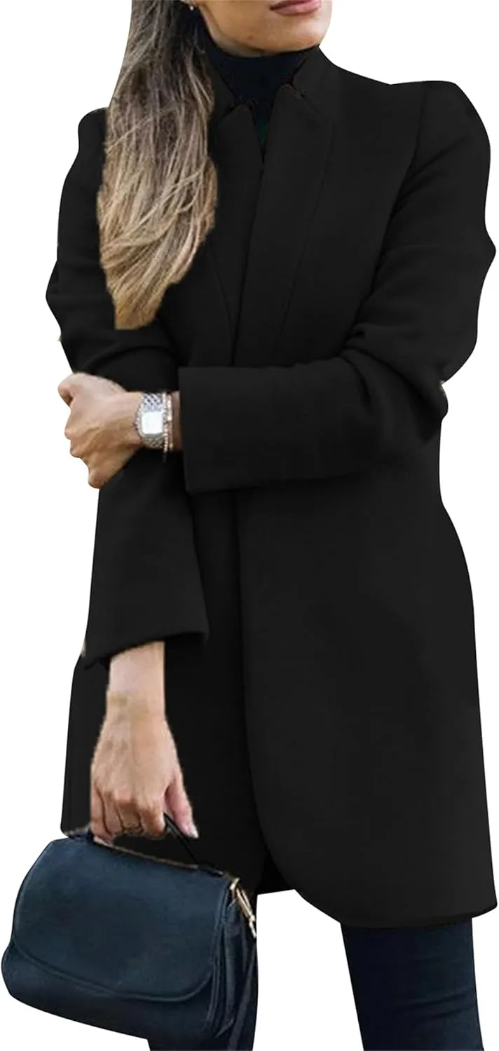 YMING Womens Casual Wool Blend Long Pea Coats Jackets Notched Open Front Outerwear Slim Fit Winter Overcoats