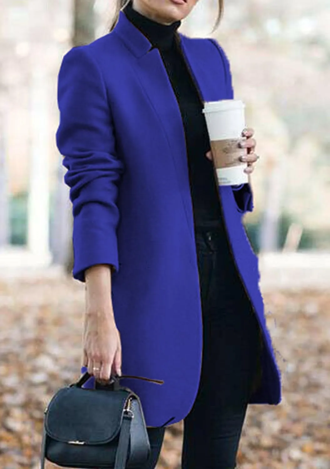 YMING Womens Casual Wool Blend Long Pea Coats Jackets Notched Open Front Outerwear Slim Fit Winter Overcoats