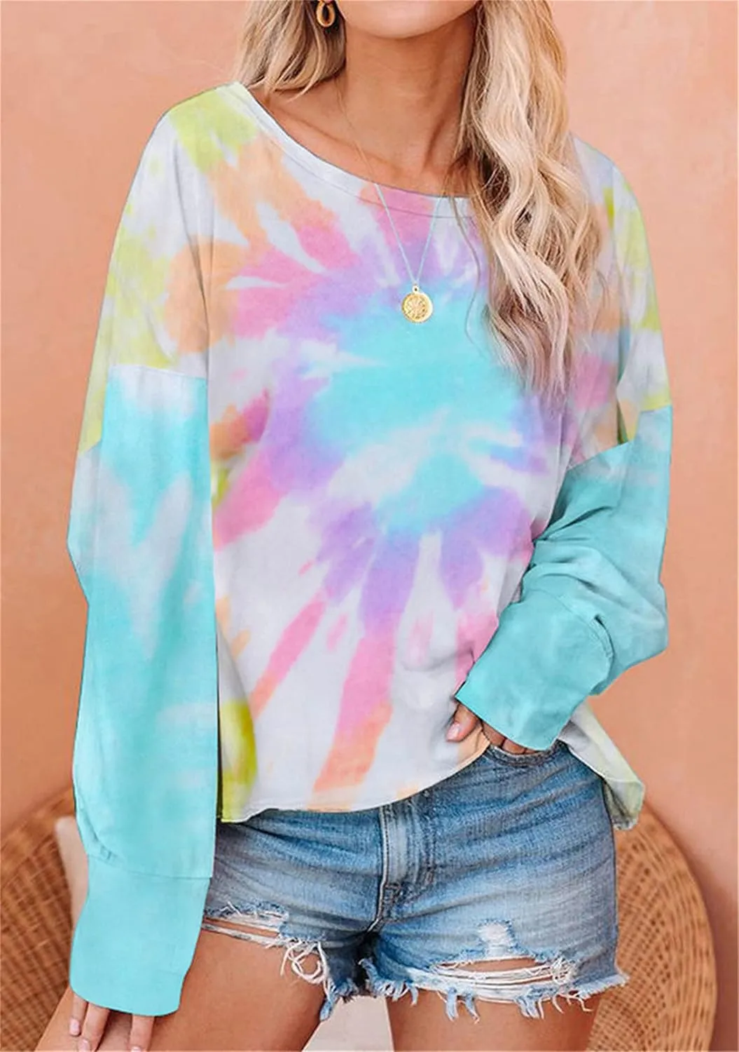 YMING Womens Tie Dye Crewneck Sweatshirt Casual Long Sleeve Pullover Fall Loose Fit Shirt Tops Plus Size