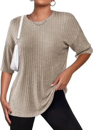 Zeagoo Women's Oversized T Shirts Ribbed Knit Short Sleeve Crewneck Casual Comfy Tunic Tops S-2XL