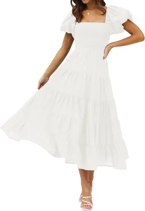 ZESICA Women's 2025 Summer Square Neck Short Puff Sleeve Solid Color High Waist Casual Smocked Flowy A Line Tiered Midi Dress