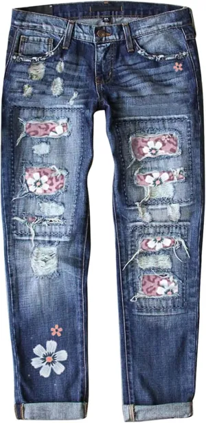 ZOCAVIA Women's Floral Ripped Skinny Jeans Straight Leg Jeans Mid Waisted Denim Jeans Stretch Slim Ankle Washed Denim Pants