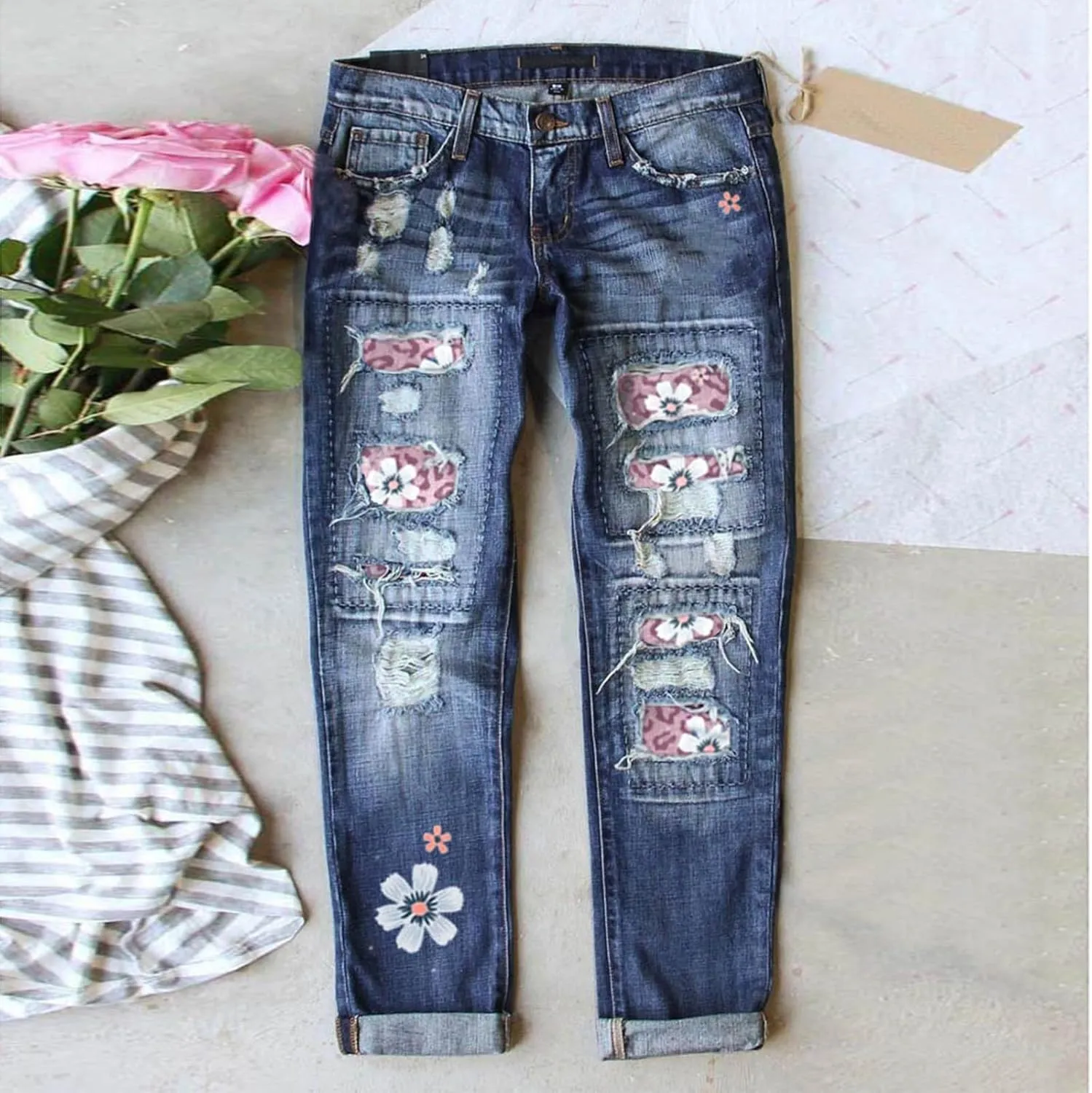 ZOCAVIA Women's Floral Ripped Skinny Jeans Straight Leg Jeans Mid Waisted Denim Jeans Stretch Slim Ankle Washed Denim Pants