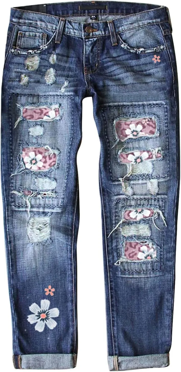 ZOCAVIA Women's Floral Ripped Skinny Jeans Straight Leg Jeans Mid Waisted Denim Jeans Stretch Slim Ankle Washed Denim Pants